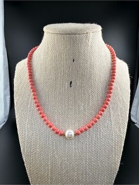 Coral Bead Necklace with Pearl Accent - Women Jewelry